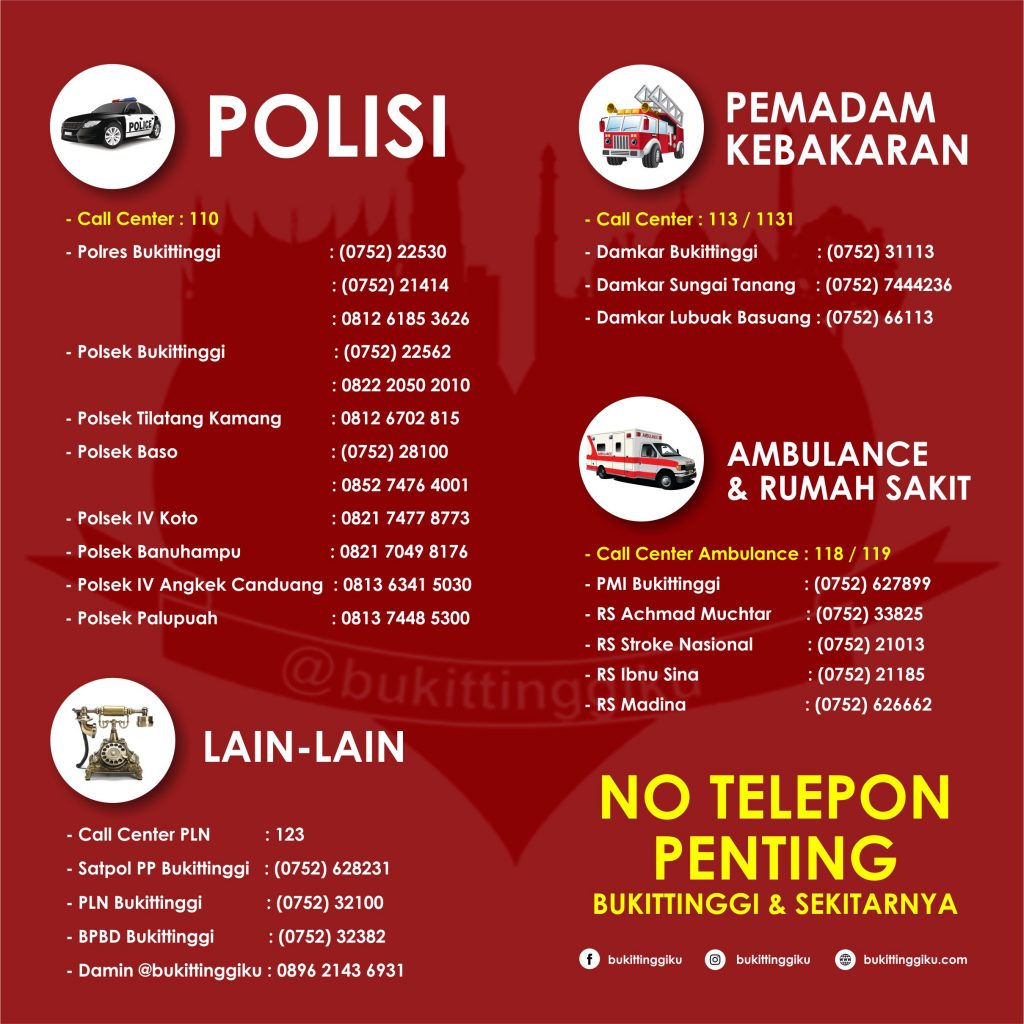 Daftar Nomor Telpon Penting di Bukittinggi (Damkar, Polisi, Ambulance, Sat Pol PP)